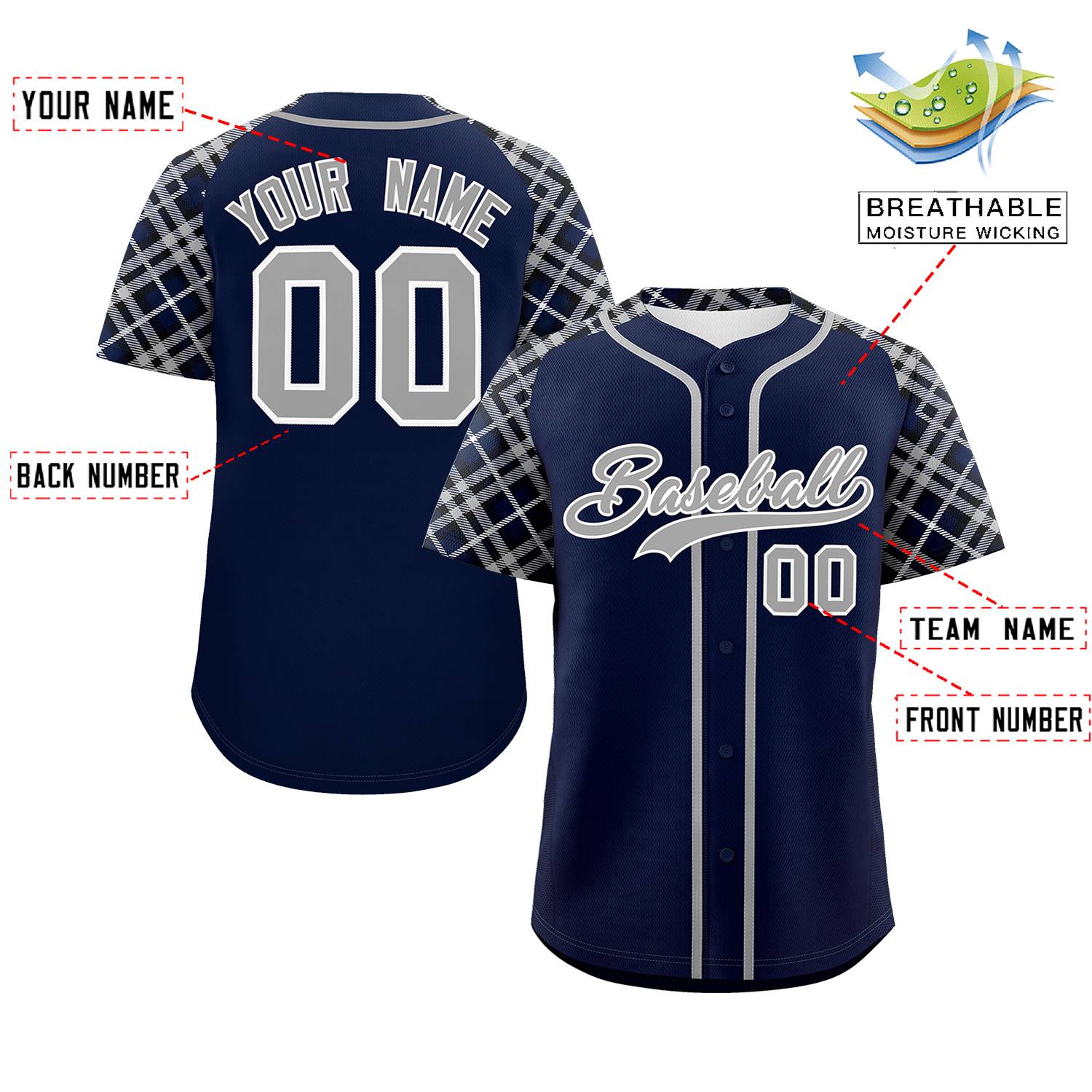Custom Navy Gray-White Personalized Raglan Sleeves Authentic Baseball Jersey | KXKSHOP