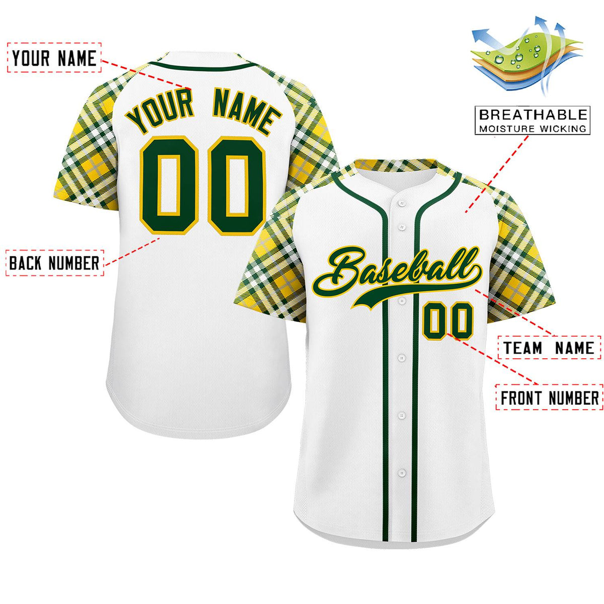 Custom White Green-Gold Personalized Raglan Sleeves Authentic Baseball Jersey | KXKSHOP