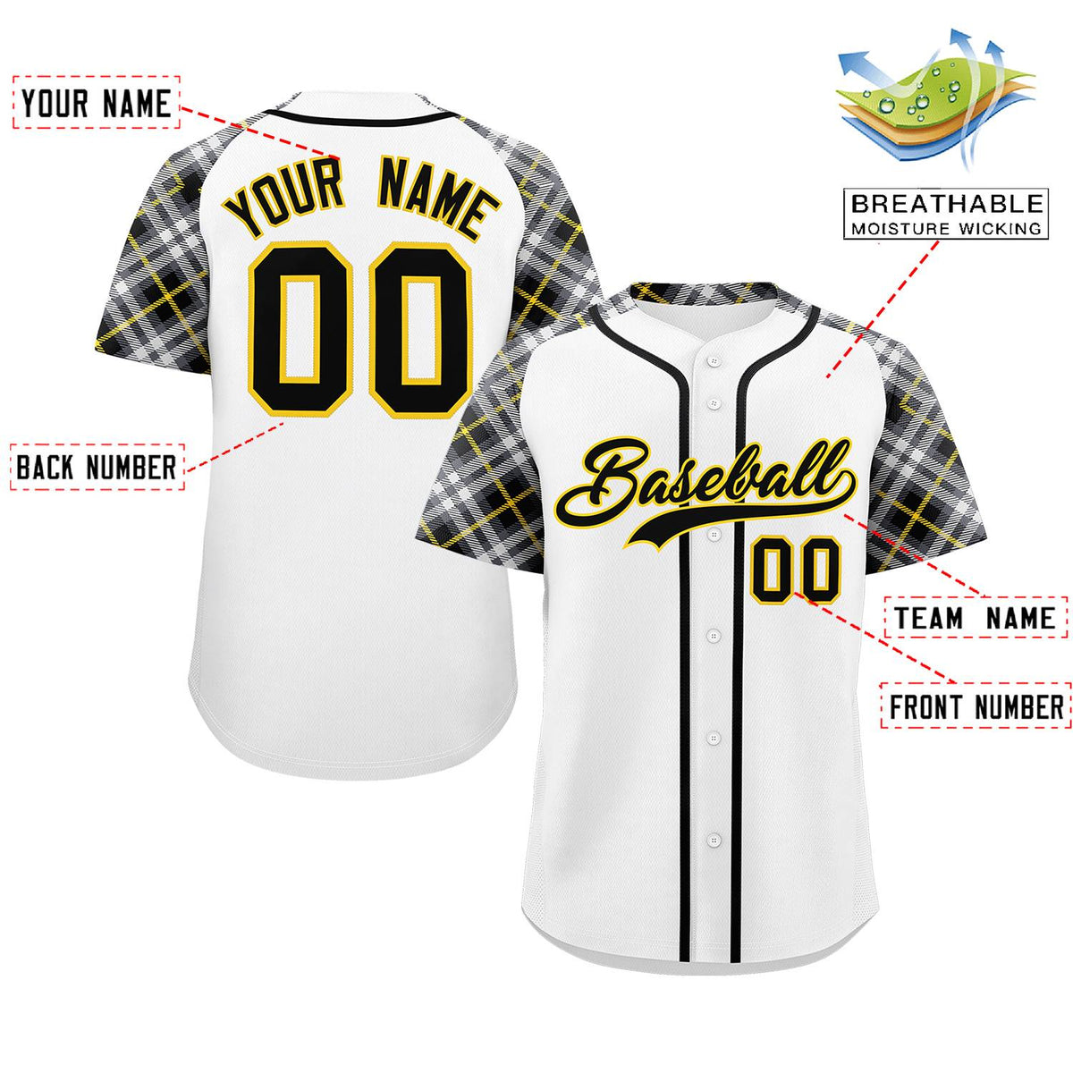 Custom White Black-Gold Personalized Raglan Sleeves Authentic Baseball Jersey | KXKSHOP