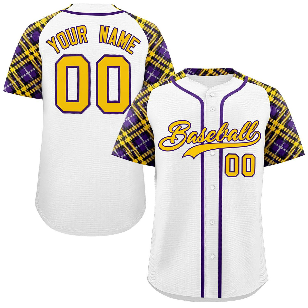 Custom White Gold-Purple Personalized Raglan Sleeves Authentic Baseball Jersey | KXKSHOP