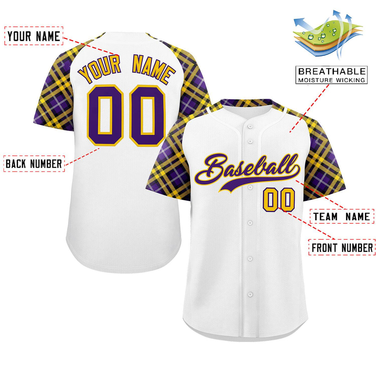 Custom White Purple-Gold Personalized Raglan Sleeves Authentic Baseball Jersey | KXKSHOP
