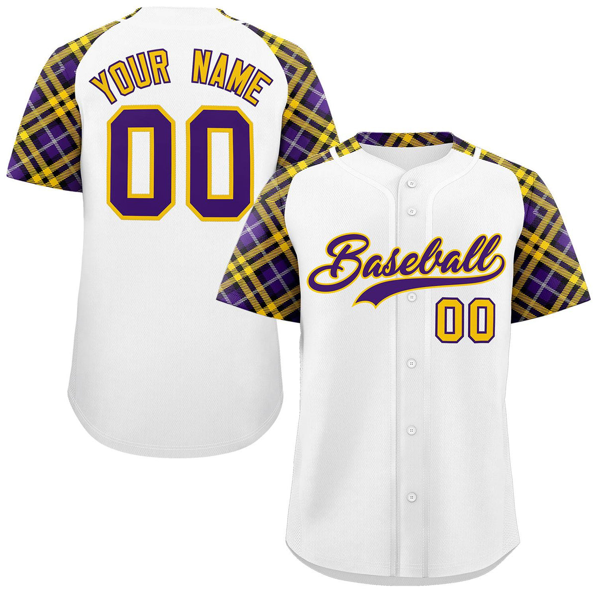 Custom White Purple-Gold Personalized Raglan Sleeves Authentic Baseball Jersey | KXKSHOP
