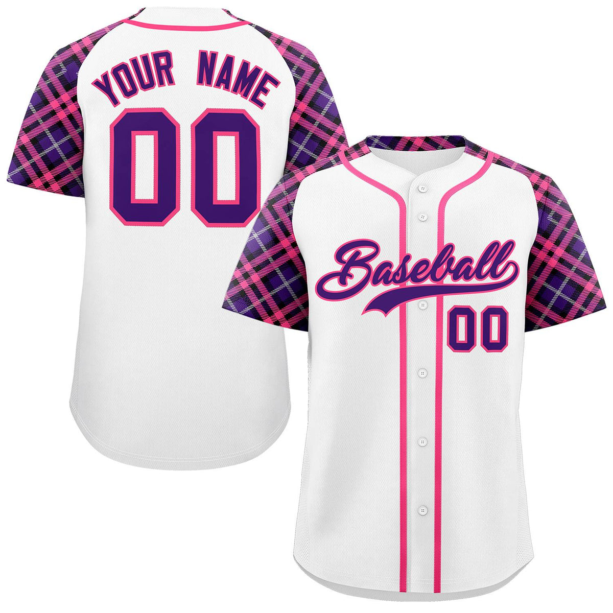 Custom White Purple-Pink Personalized Raglan Sleeves Authentic Baseball Jersey | KXKSHOP