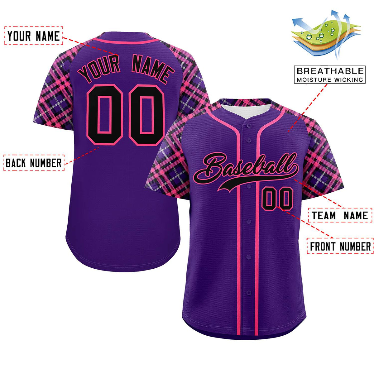 Custom Purple Black-Pink Personalized Raglan Sleeves Authentic Baseball Jersey | KXKSHOP