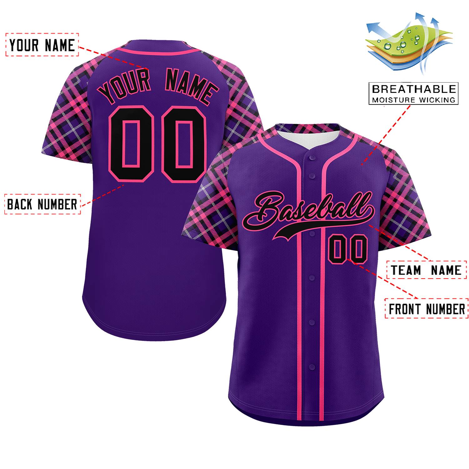 Custom Purple Black-Pink Personalized Raglan Sleeves Authentic Baseball Jersey | KXKSHOP