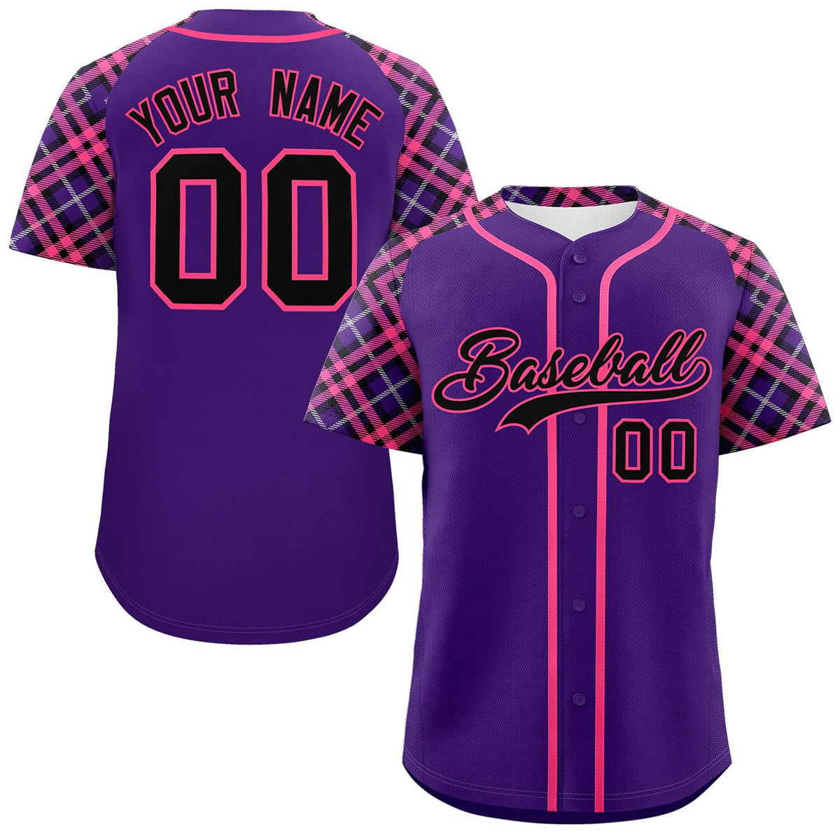 Custom Purple Black-Pink Personalized Raglan Sleeves Authentic Baseball Jersey | KXKSHOP