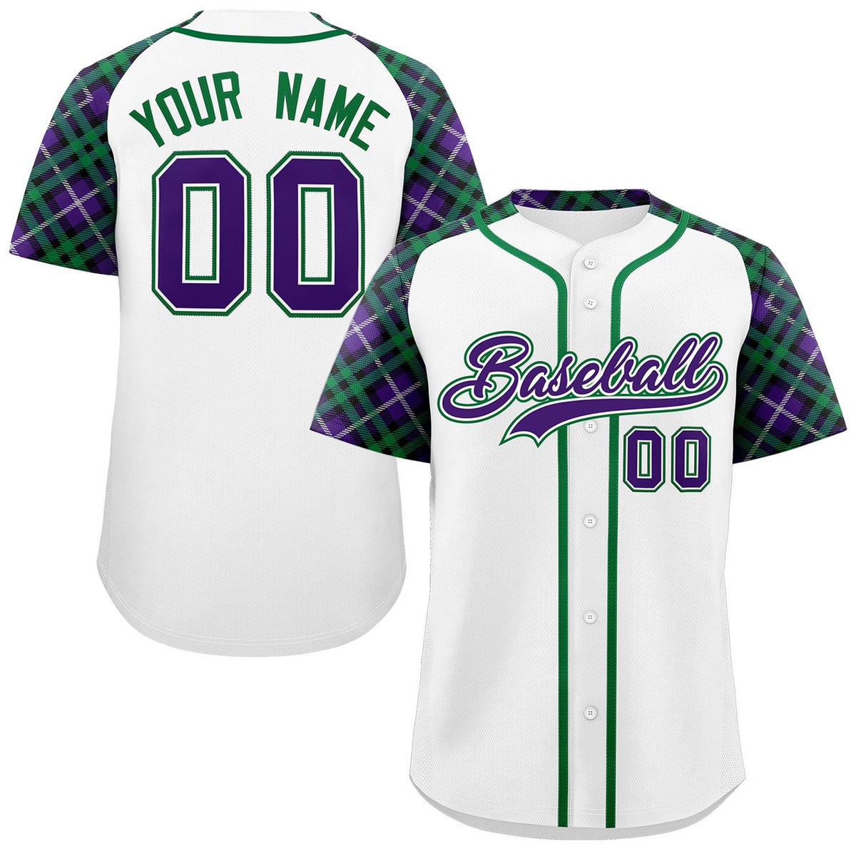 Custom White Purple-Kelly Green Personalized Raglan Sleeves Authentic Baseball Jersey | KXKSHOP