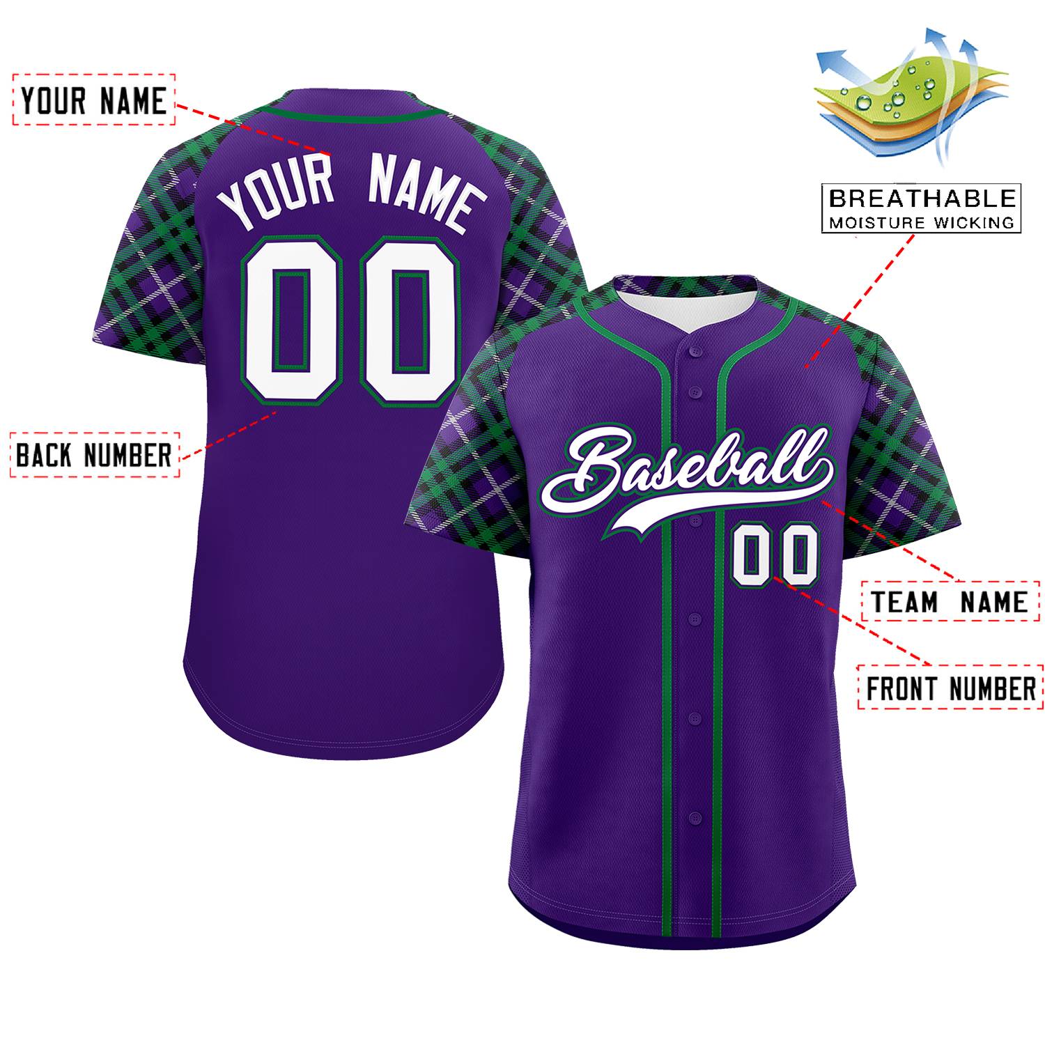 Custom Purple White-Kelly Green Personalized Raglan Sleeves Authentic Baseball Jersey | KXKSHOP