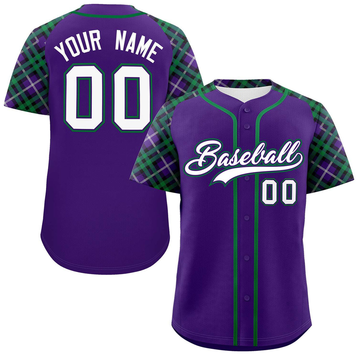 Custom Purple White-Kelly Green Personalized Raglan Sleeves Authentic Baseball Jersey | KXKSHOP