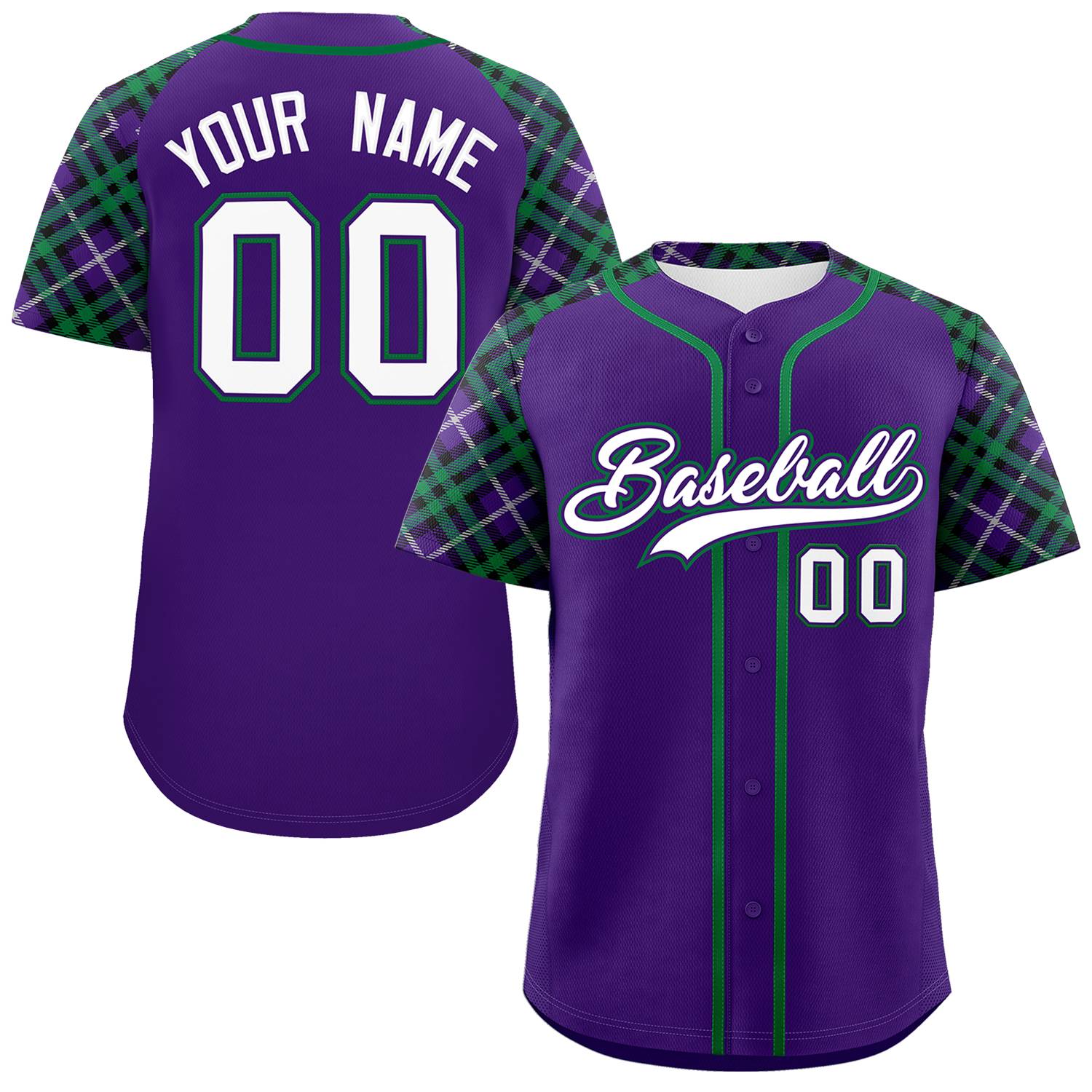 Custom Purple White-Kelly Green Personalized Raglan Sleeves Authentic Baseball Jersey | KXKSHOP