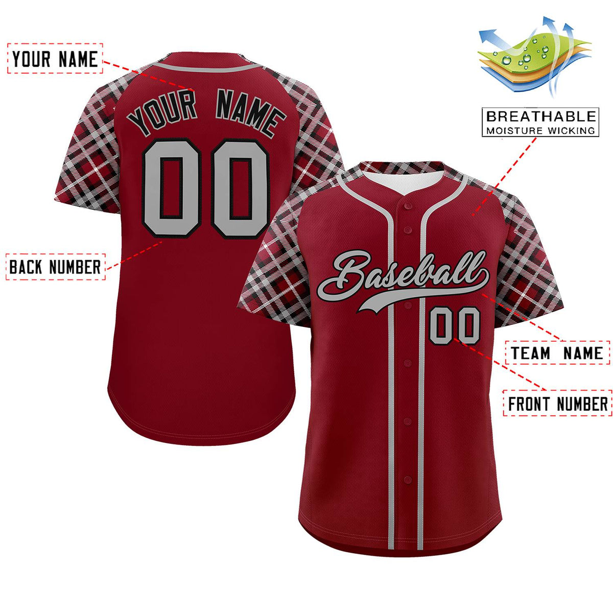 Custom Crimson Gray-Black Personalized Raglan Sleeves Authentic Baseball Jersey | KXKSHOP