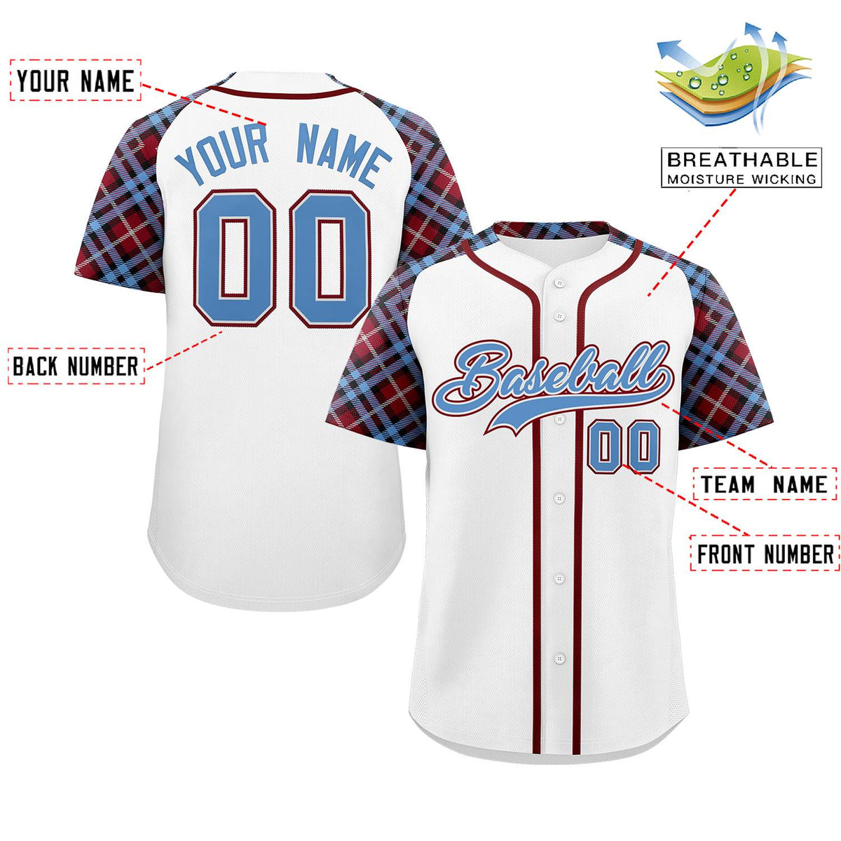 Custom White Light Blue-Crimson Personalized Raglan Sleeves Authentic Baseball Jersey | KXKSHOP