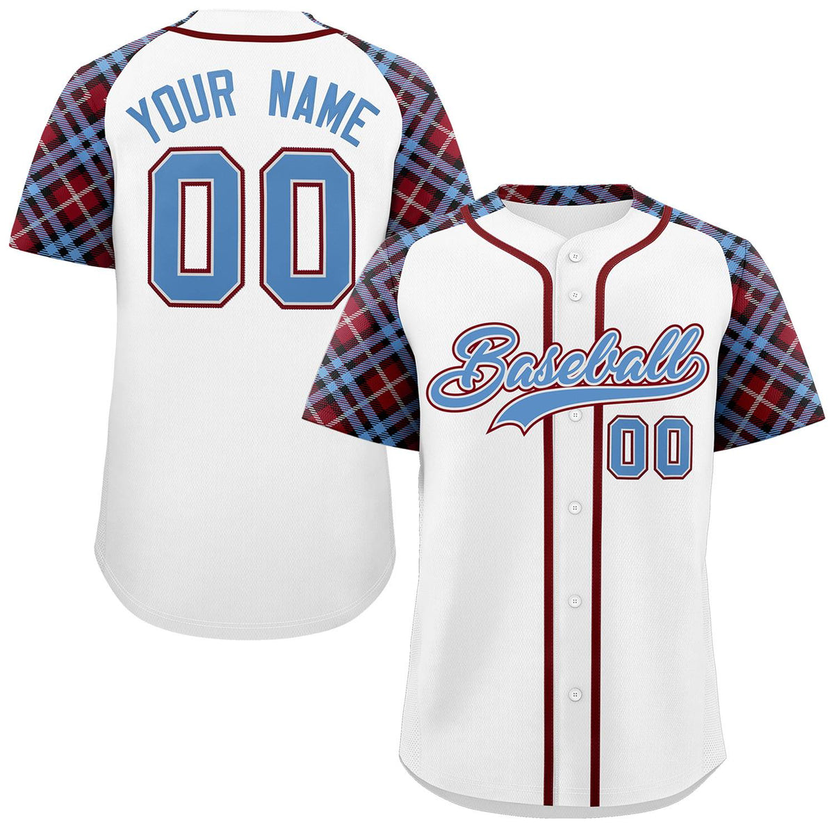 Custom White Light Blue-Crimson Personalized Raglan Sleeves Authentic Baseball Jersey | KXKSHOP