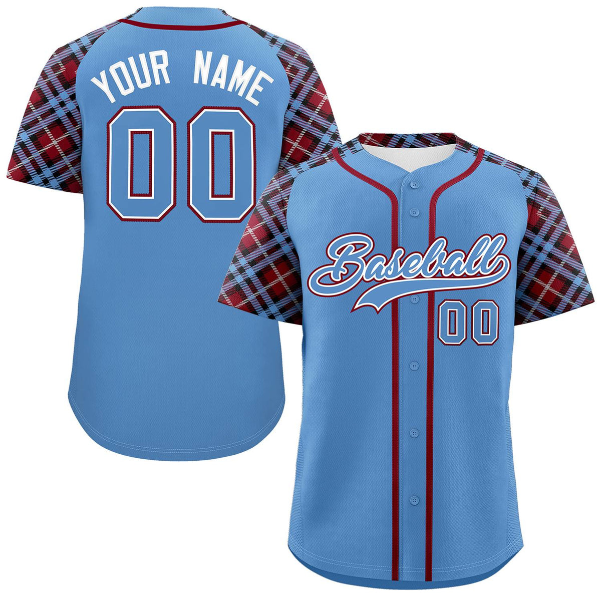 Custom Light Blue-Crimson Personalized Raglan Sleeves Authentic Baseball Jersey | KXKSHOP