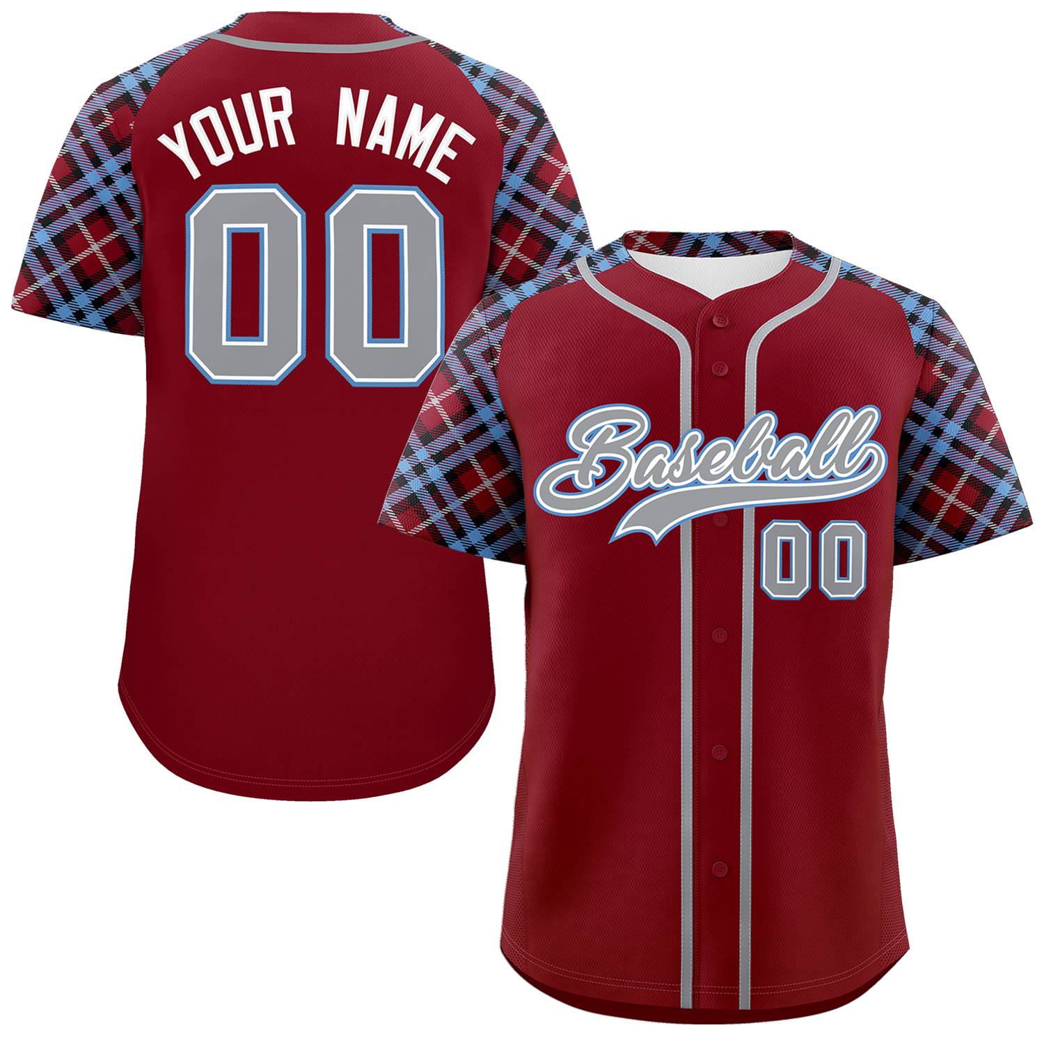 Custom Crimson Gray-Light Blue Personalized Raglan Sleeves Authentic Baseball Jersey | KXKSHOP