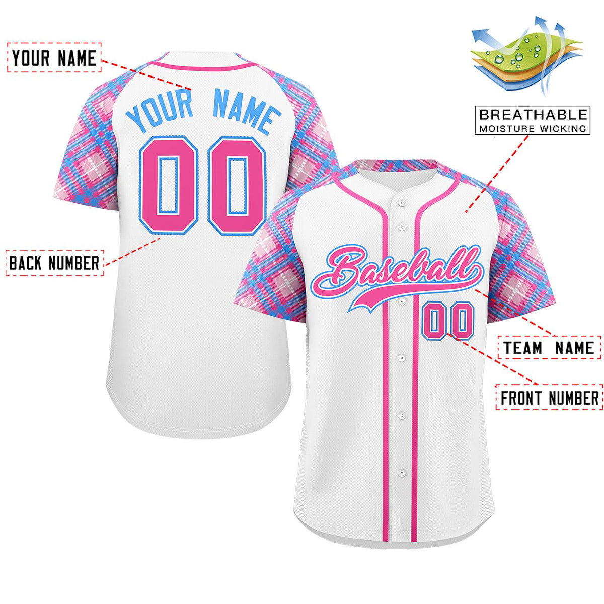 Custom White Pink-Powder Blue Personalized Raglan Sleeves Authentic Baseball Jersey | KXKSHOP