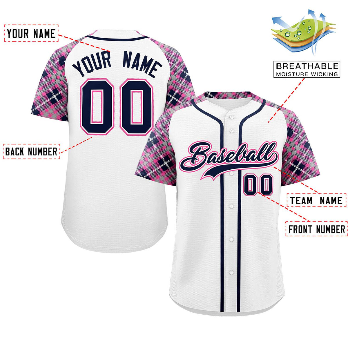 Custom White Navy-Pink Personalized Raglan Sleeves Authentic Baseball Jersey | KXKSHOP