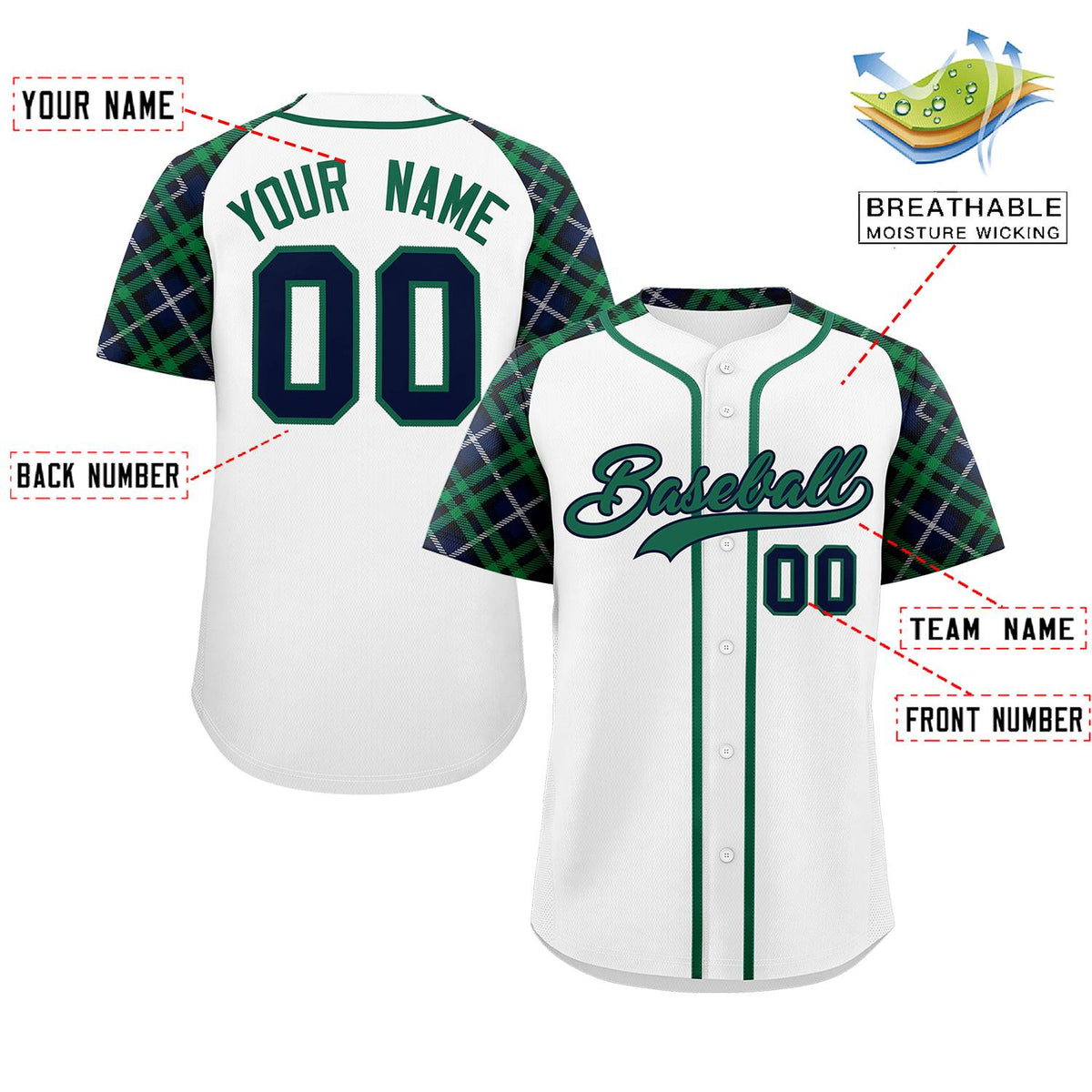 Custom White Kelly Green-Navy Personalized Raglan Sleeves Authentic Baseball Jersey | KXKSHOP