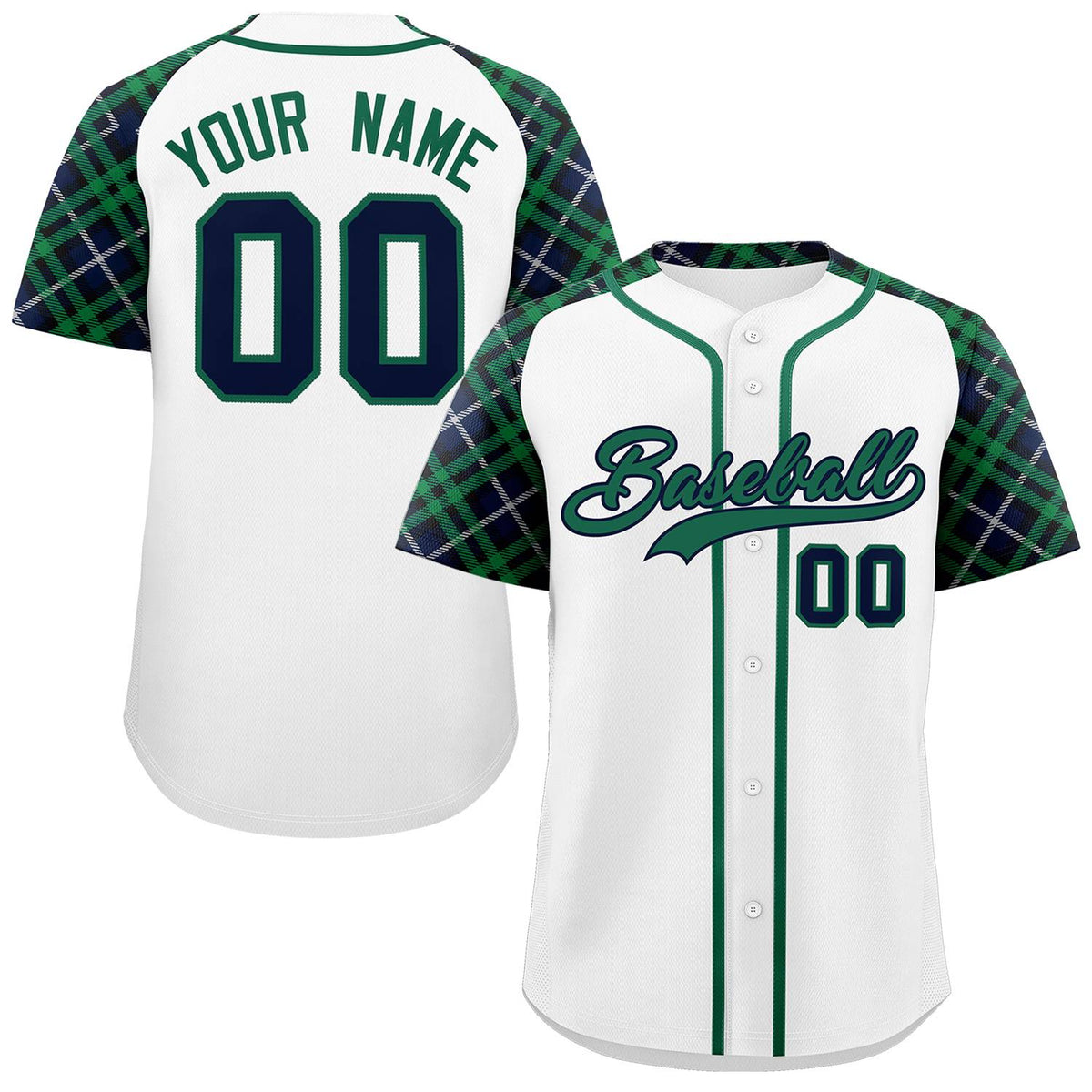 Custom White Kelly Green-Navy Personalized Raglan Sleeves Authentic Baseball Jersey | KXKSHOP