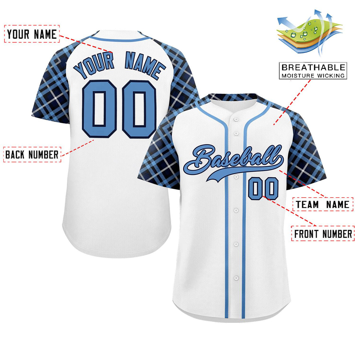 Custom White Light Blue-Navy Personalized Raglan Sleeves Authentic Baseball Jersey | KXKSHOP