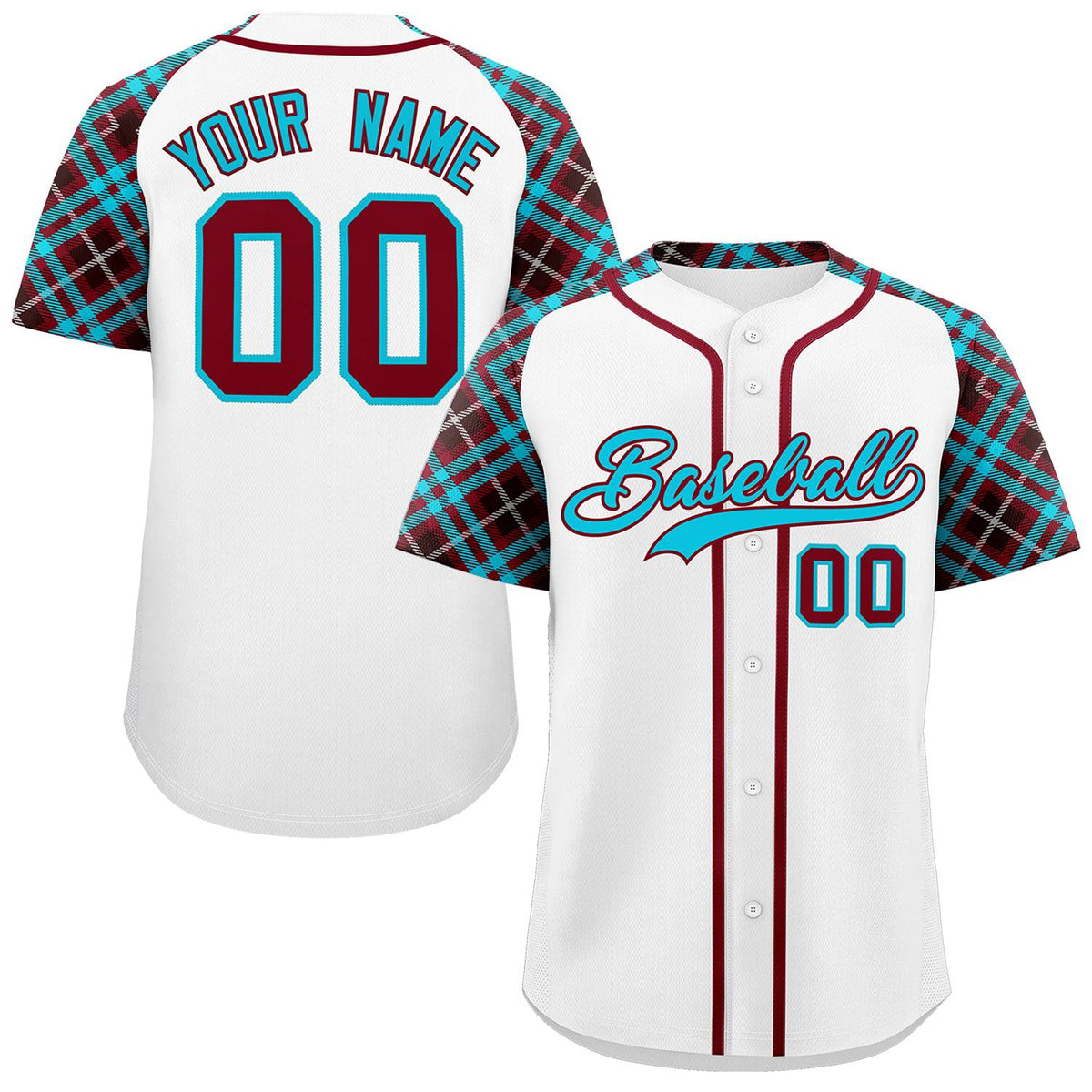 Custom White Sky Blue-Crimson Personalized Raglan Sleeves Authentic Baseball Jersey | KXKSHOP
