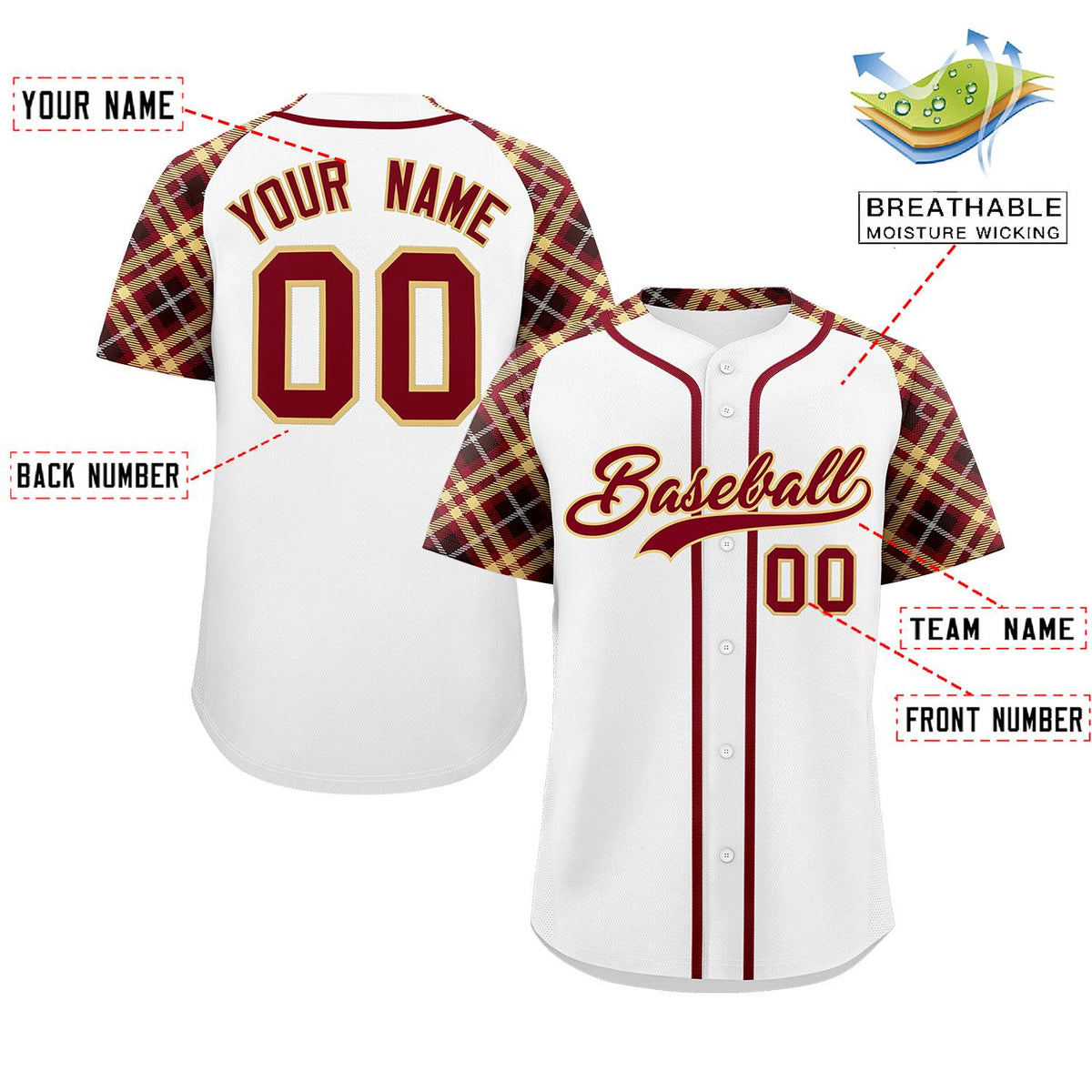 Custom White Crimson-Khaki Personalized Raglan Sleeves Authentic Baseball Jersey | KXKSHOP