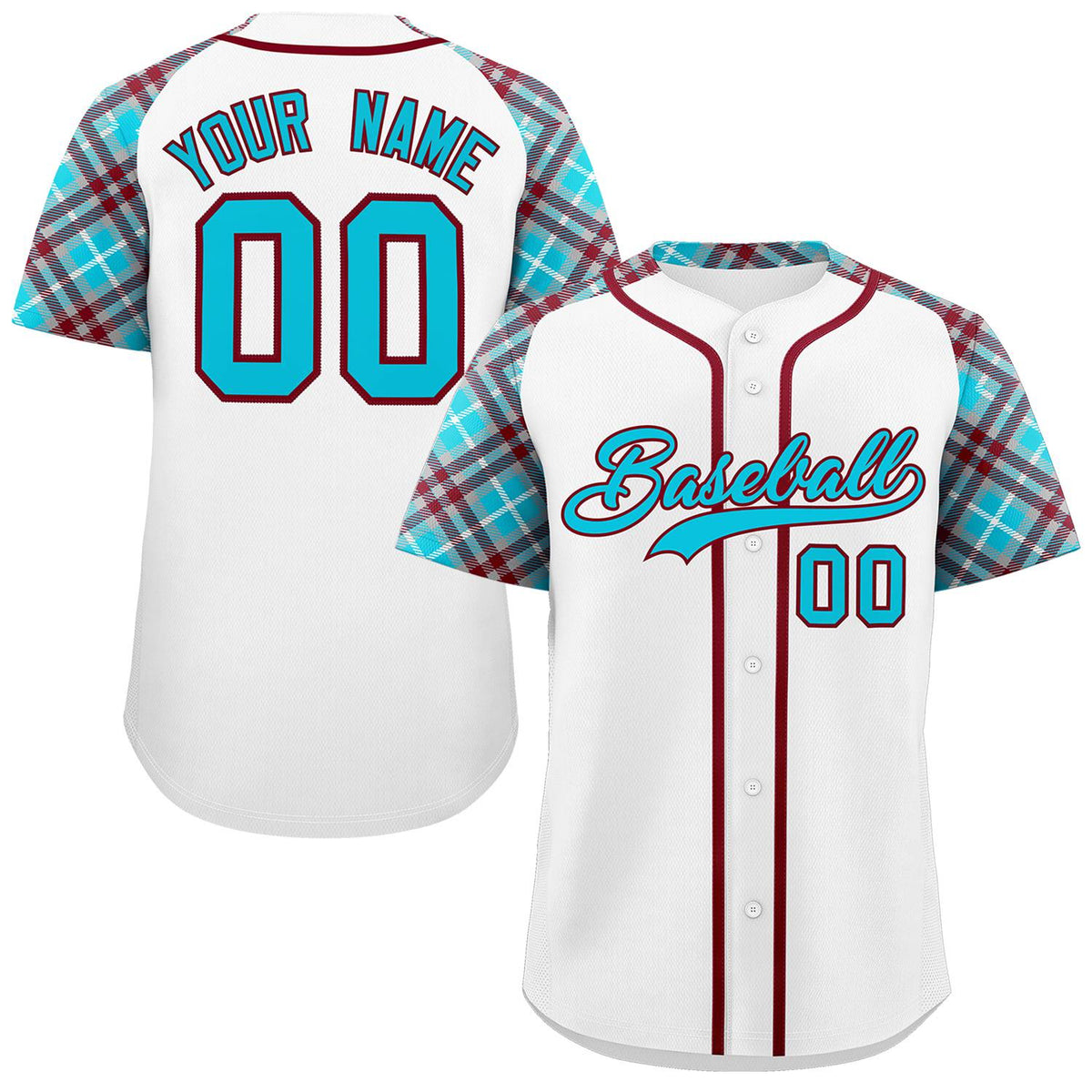 Custom White Sky Blue-Crimson Personalized Raglan Sleeves Authentic Baseball Jersey | KXKSHOP