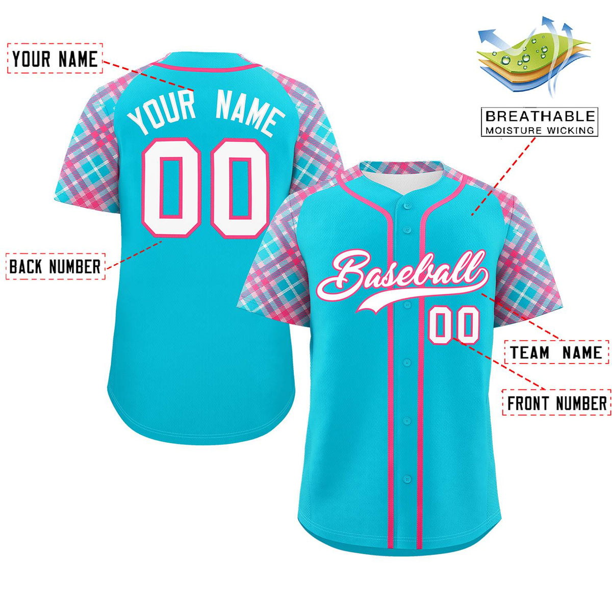 Custom Sky Blue White-Pink Personalized Raglan Sleeves Authentic Baseball Jersey | KXKSHOP