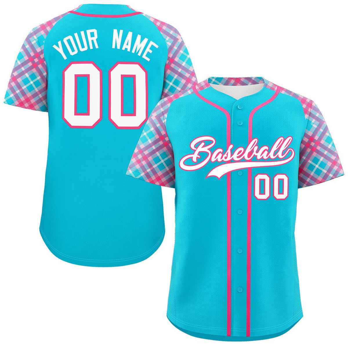 Custom Sky Blue White-Pink Personalized Raglan Sleeves Authentic Baseball Jersey | KXKSHOP