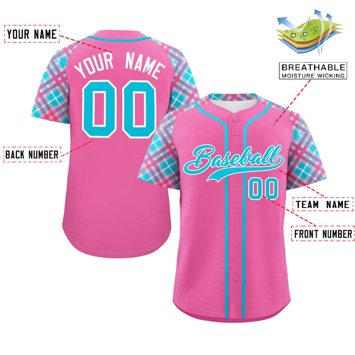 Custom Pink Sky Blue-White Personalized Raglan Sleeves Authentic Baseball Jersey | KXKSHOP