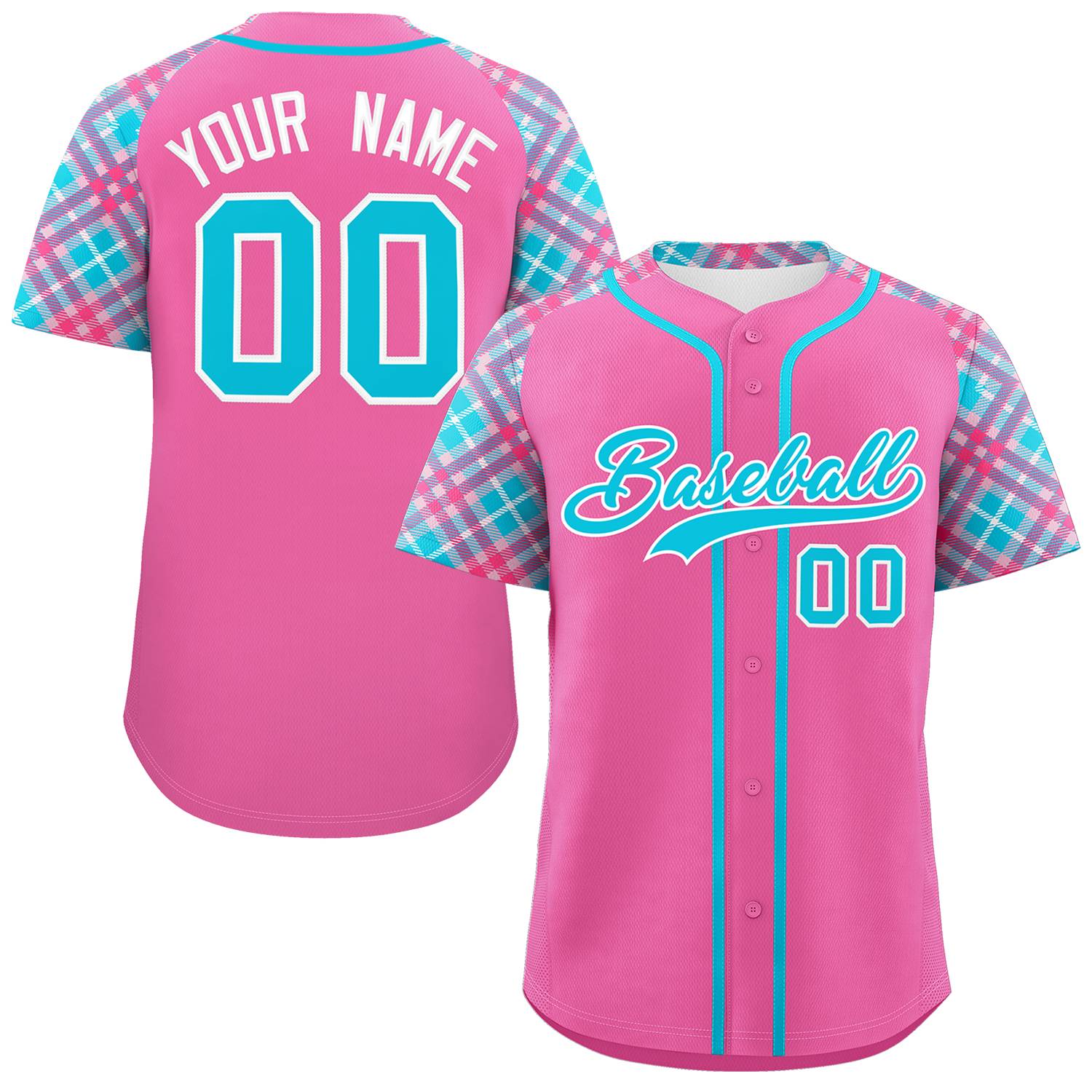 Custom Pink Sky Blue-White Personalized Raglan Sleeves Authentic Baseball Jersey | KXKSHOP