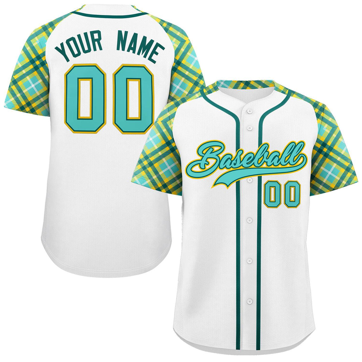 Custom White Bright Green-Gold Personalized Raglan Sleeves Authentic Baseball Jersey | KXKSHOP