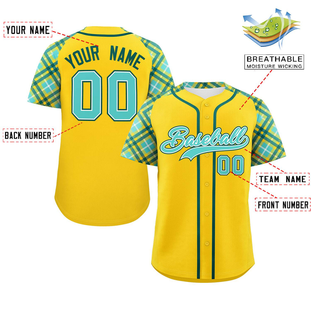 Custom Gold Bright Green-Midnight Green Personalized Raglan Sleeves Authentic Baseball Jersey | KXKSHOP