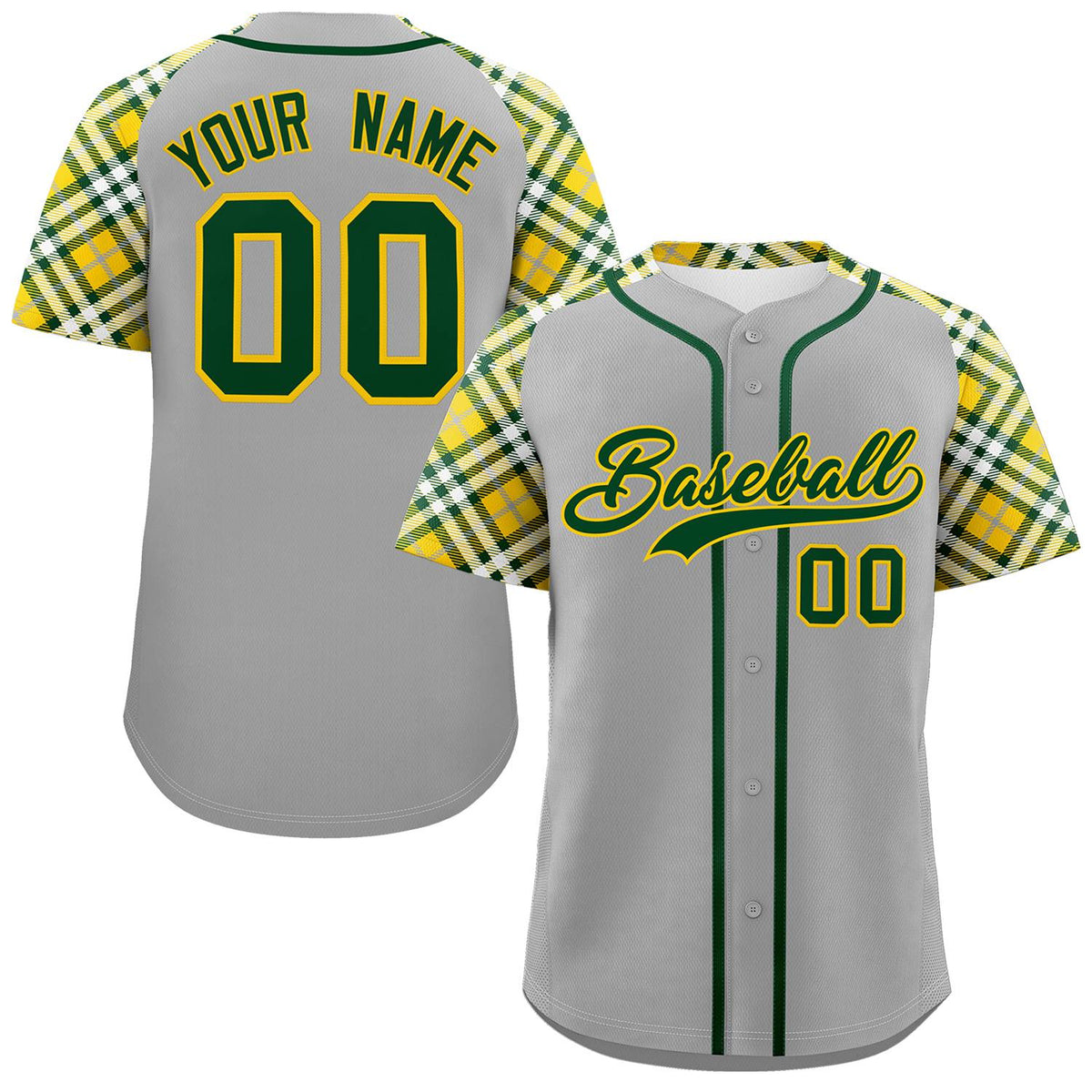 Custom Gray Green-Gold Personalized Raglan Sleeves Authentic Baseball Jersey | KXKSHOP