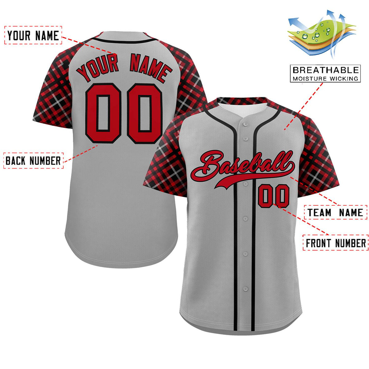 Custom Gray Red-Black Personalized Raglan Sleeves Authentic Baseball Jersey | KXKSHOP
