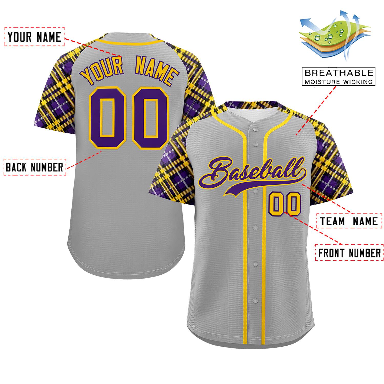 Custom Gray Purple-Gold Personalized Raglan Sleeves Authentic Baseball Jersey | KXKSHOP