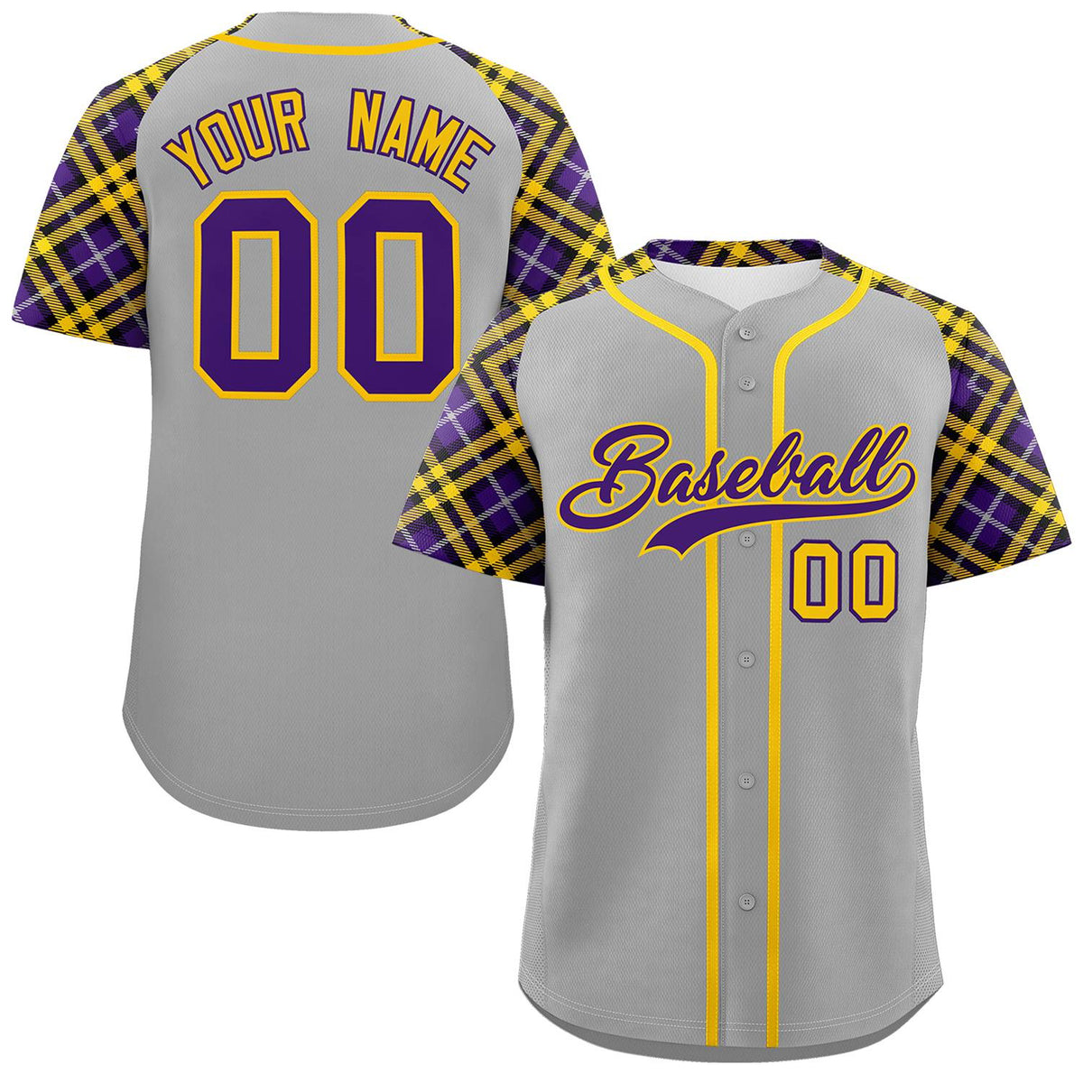 Custom Gray Purple-Gold Personalized Raglan Sleeves Authentic Baseball Jersey | KXKSHOP