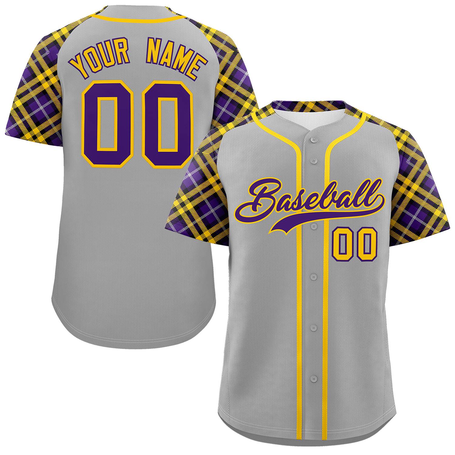 Custom Gray Purple-Gold Personalized Raglan Sleeves Authentic Baseball Jersey | KXKSHOP