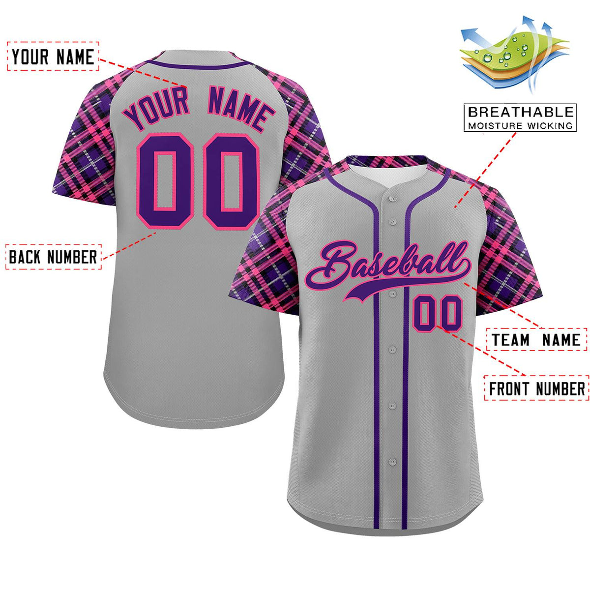 Custom Gray Purple-Pink Personalized Raglan Sleeves Authentic Baseball Jersey | KXKSHOP
