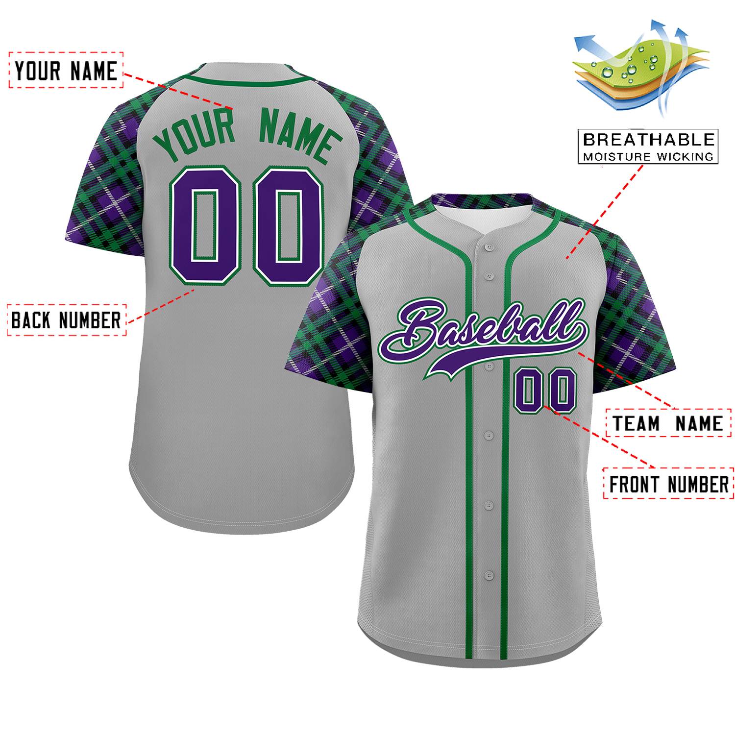 Custom Gray Purple-Kelly Green Personalized Raglan Sleeves Authentic Baseball Jersey | KXKSHOP