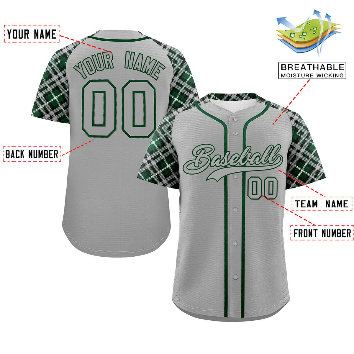 Custom Gray-Kelly Green Personalized Raglan Sleeves Authentic Baseball Jersey | KXKSHOP