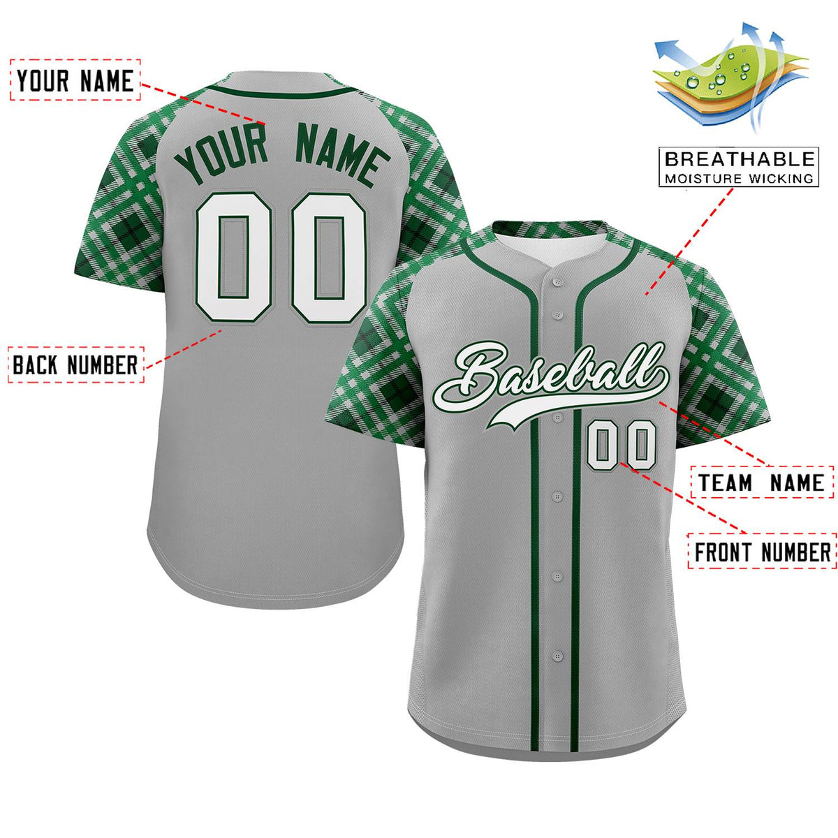 Custom Gray White-Kelly Green Personalized Raglan Sleeves Authentic Baseball Jersey | KXKSHOP