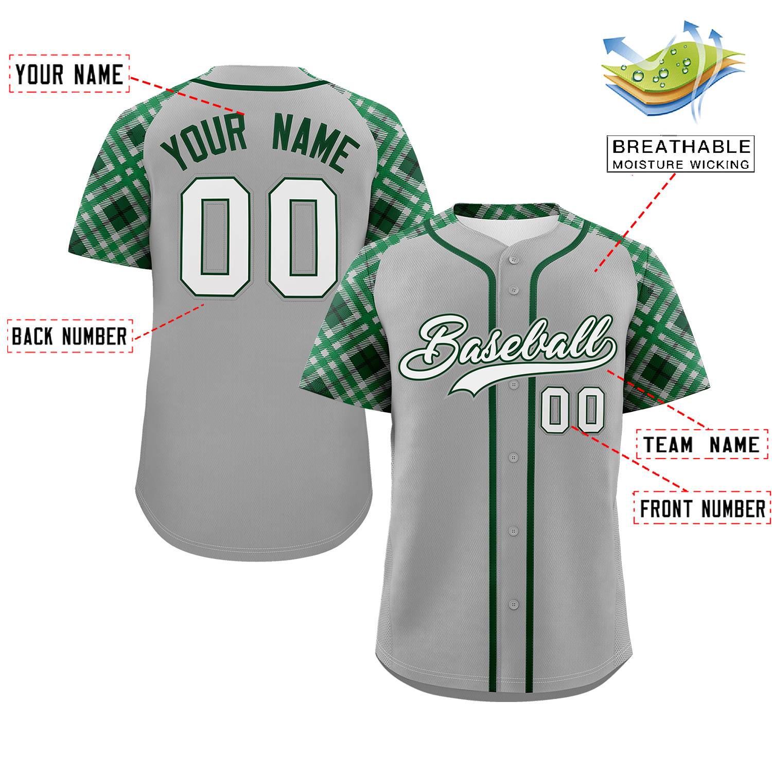 Custom Gray White-Kelly Green Personalized Raglan Sleeves Authentic Baseball Jersey | KXKSHOP