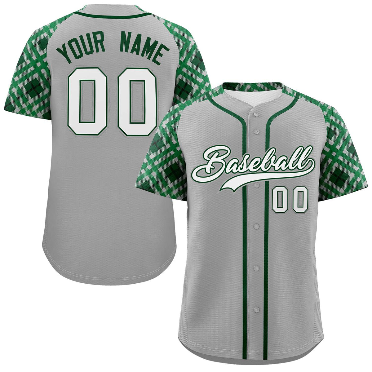 Custom Gray White-Kelly Green Personalized Raglan Sleeves Authentic Baseball Jersey | KXKSHOP