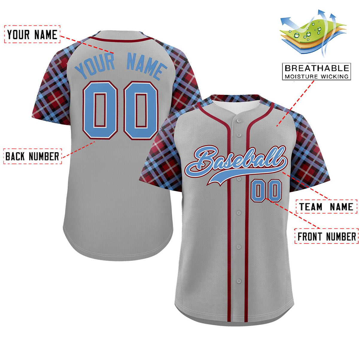 Custom Gray Light Blue-Crimson Personalized Raglan Sleeves Authentic Baseball Jersey | KXKSHOP