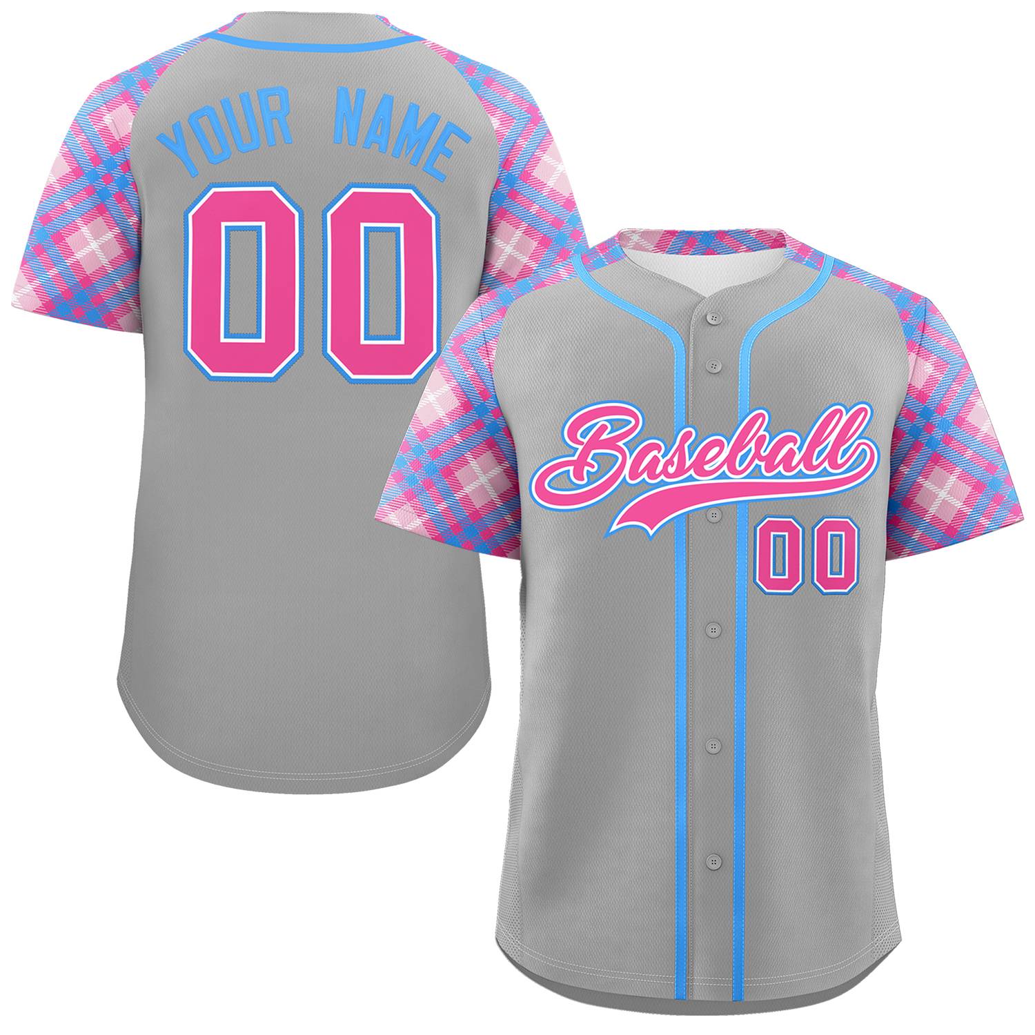 Custom Gray Pink-Light Blue Personalized Raglan Sleeves Authentic Baseball Jersey | KXKSHOP