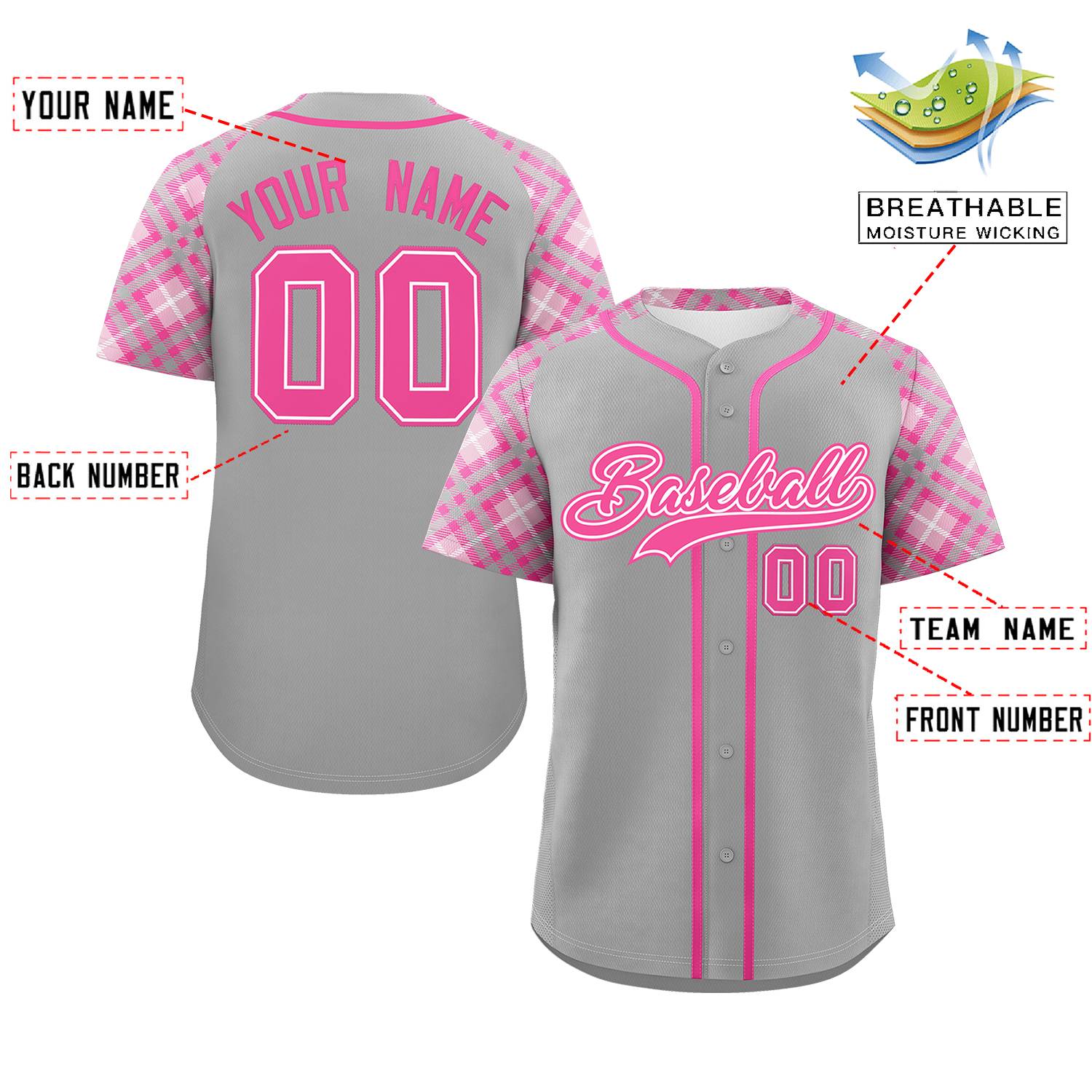 Custom Gray Pink- Personalized Raglan Sleeves Authentic Baseball Jersey | KXKSHOP