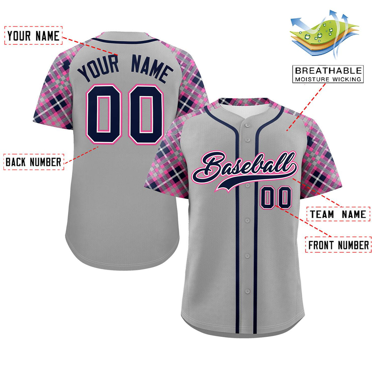 Custom Gray Navy-Pink Personalized Raglan Sleeves Authentic Baseball Jersey | KXKSHOP
