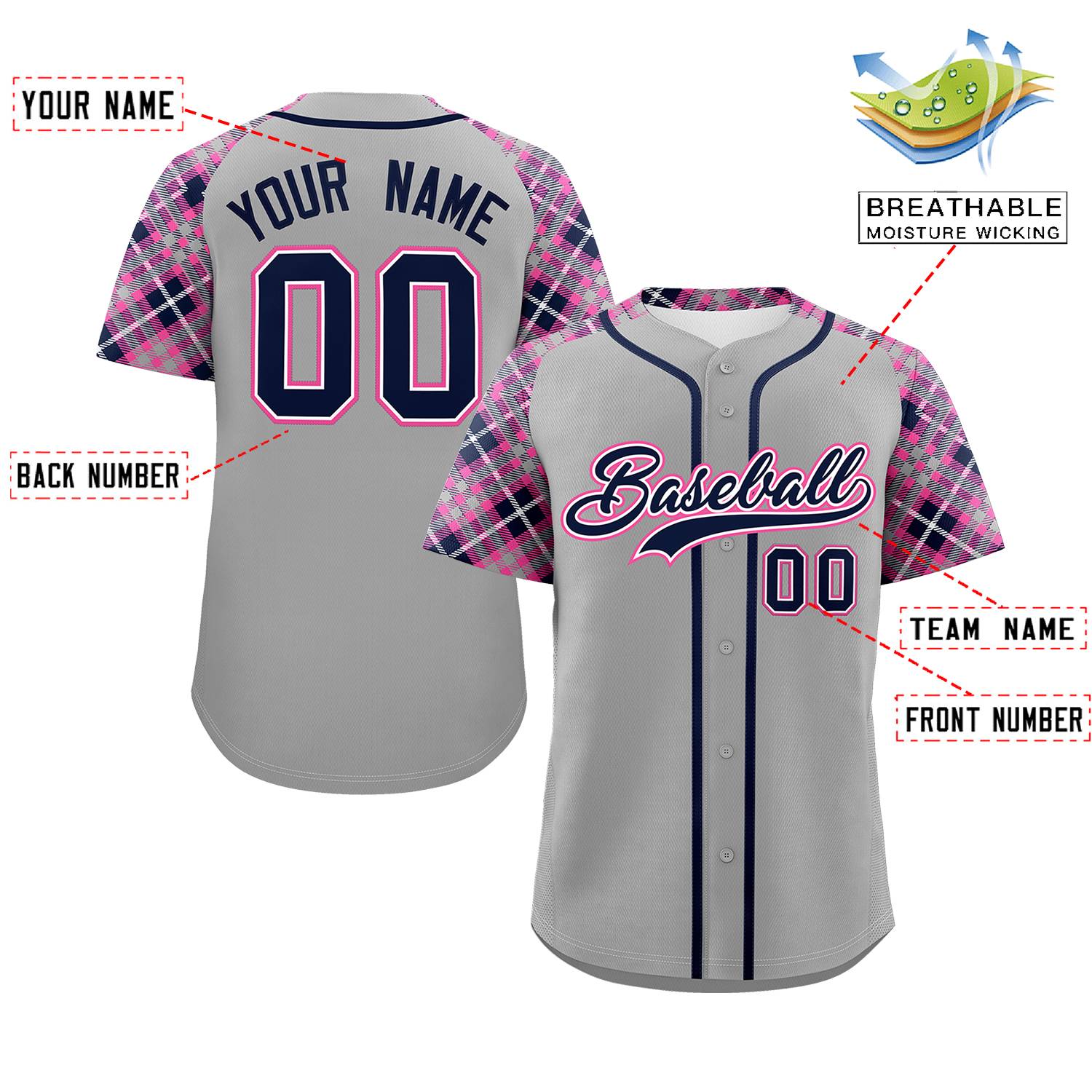 Custom Gray Navy-Pink Personalized Raglan Sleeves Authentic Baseball Jersey | KXKSHOP