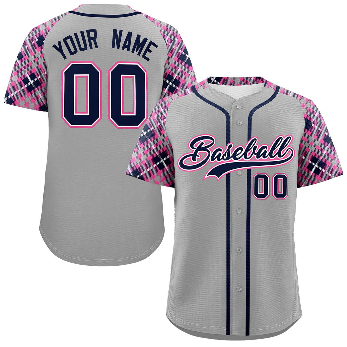 Custom Gray Navy-Pink Personalized Raglan Sleeves Authentic Baseball Jersey | KXKSHOP